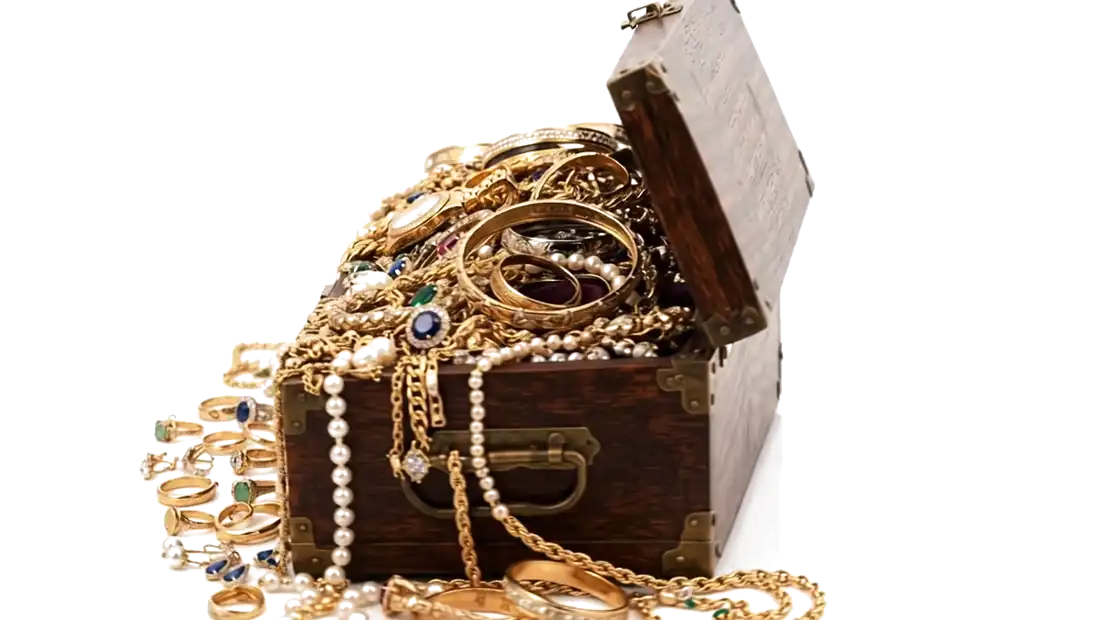 An open chest of gold jewellery