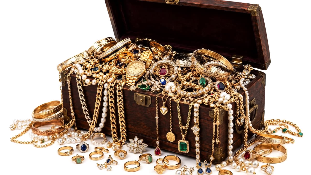 Gold jewellery spilling from a wooden chest